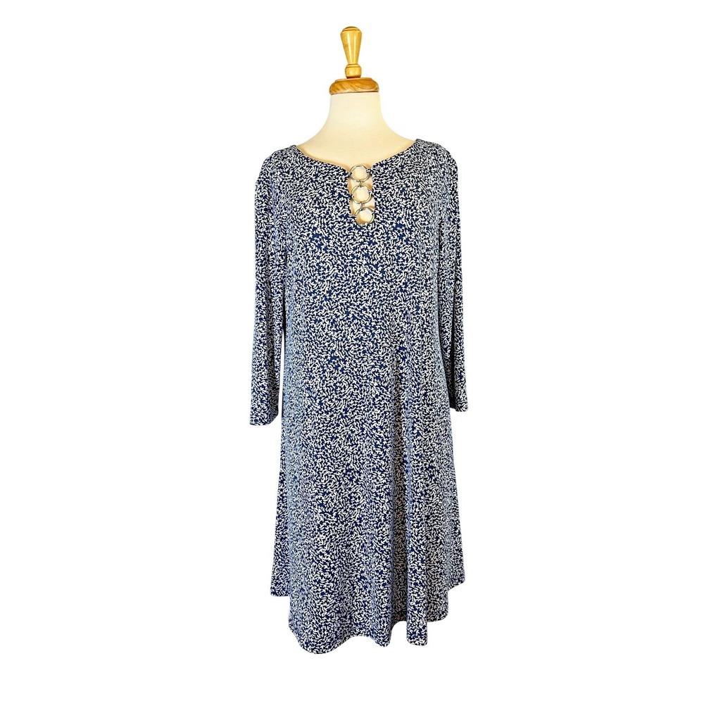 MSK‎ Swing Dress Navy White Print 3 Ring Detail Long Sleeve XL